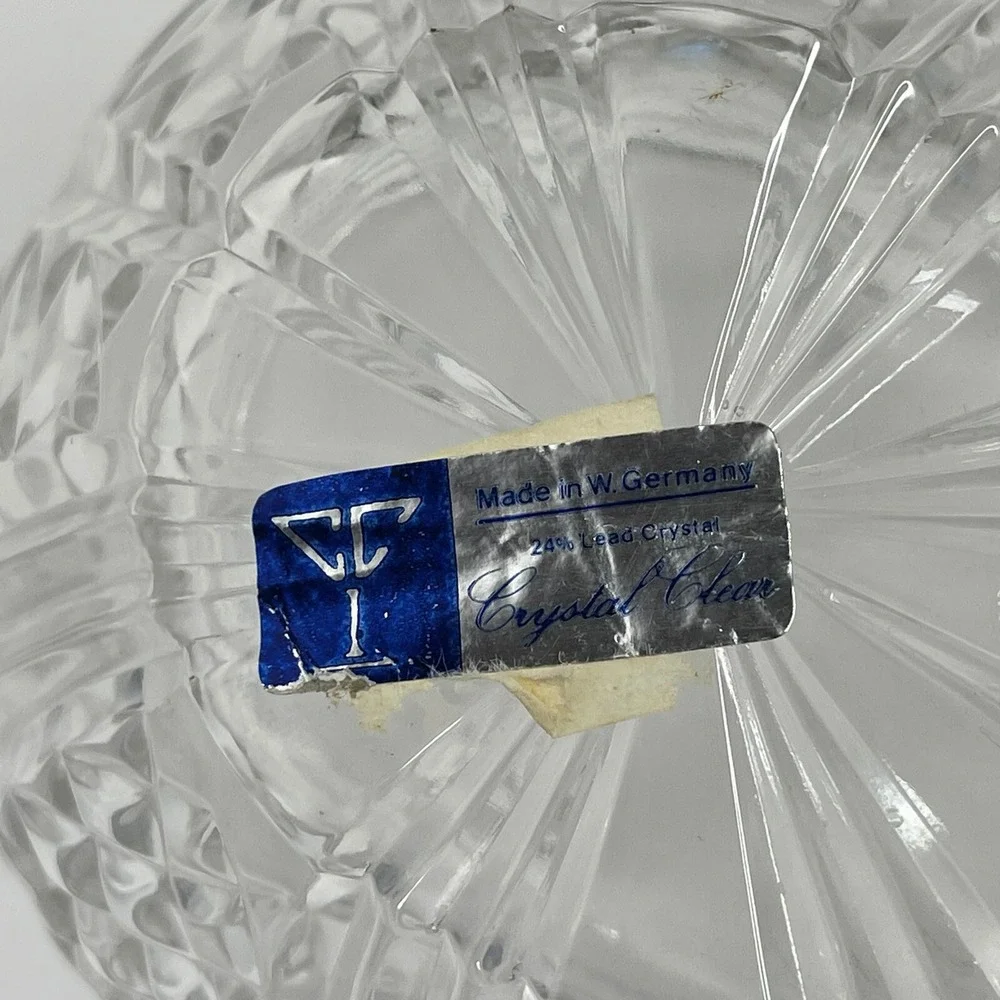 24% Crystal‎ Vintage Oval Candy Dish w/ Lid Glass Etched West Germany Floral